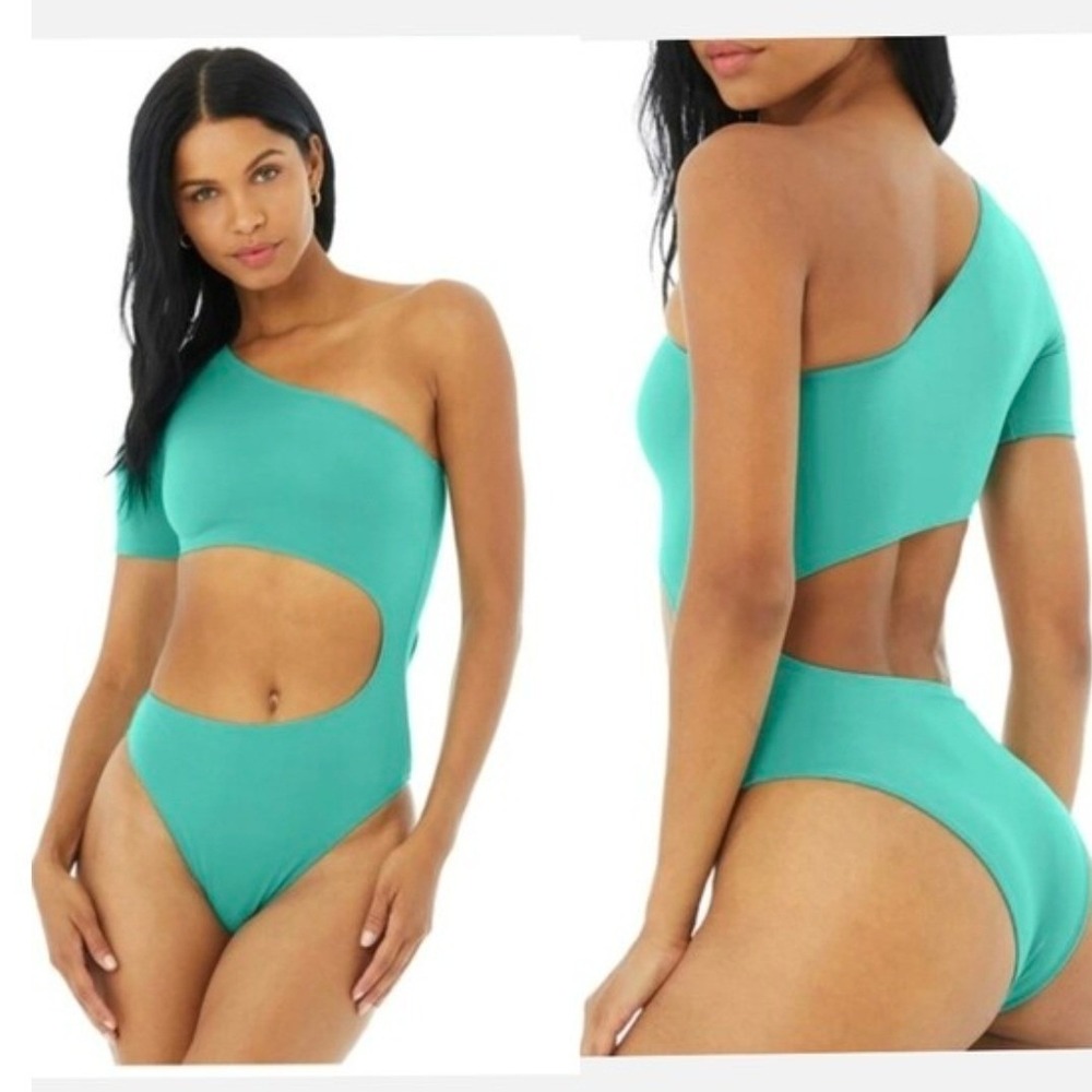 ALO Yoga Body Wave‎ One Piece Swimsuit Ocean Teal Asymmetrical Cutout XS W8113R